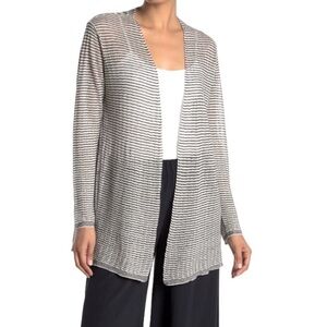 EILEEN Fisher Organic Linen Blend Striped Open Cardigan Sweater White Gray 1-2XL